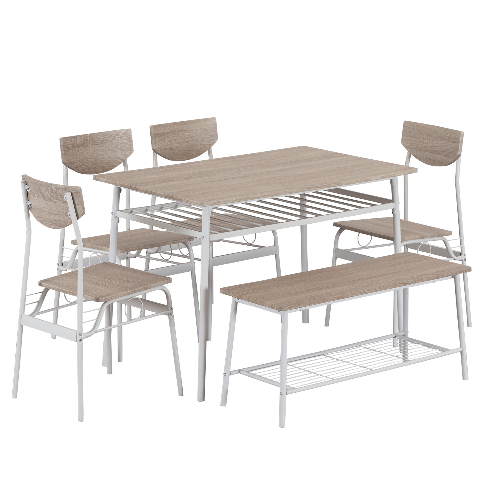 6‑Piece Modern Dining Set Rectangular MDF Table Bench and Four Ergonomic Chairs Steel Frame Built‑in Storage Racks White Oak Tone for Home Kitchen Dining Room