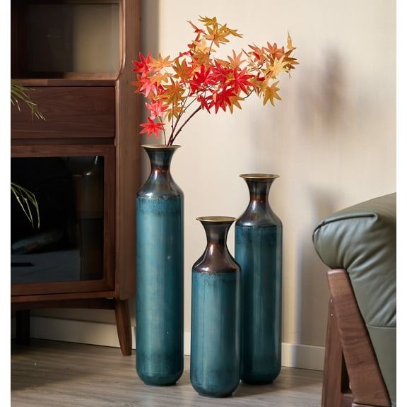 Aukfa Metal Tall Floor Vases for Decoration, Large Floor Vase Set of 3,Droplet Shaped,28.34"/24.4"/20.4"H,Aqua Blue