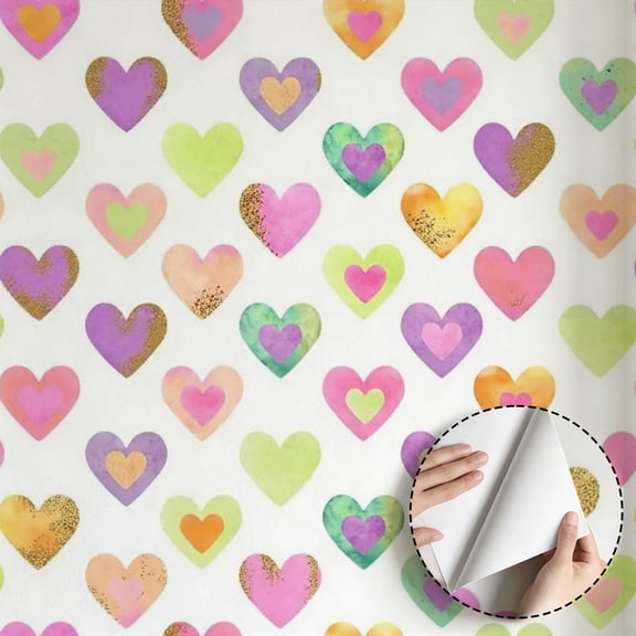 Watercolor Colorful Hearts Wallpaper, Modern Boho Style, Peel and Stick Wallpaper, Waterproof, Home Decor for Bedroom, Living Room, Drawer, Rental Property, 17.7 * 118 in Wall Decoration Paper