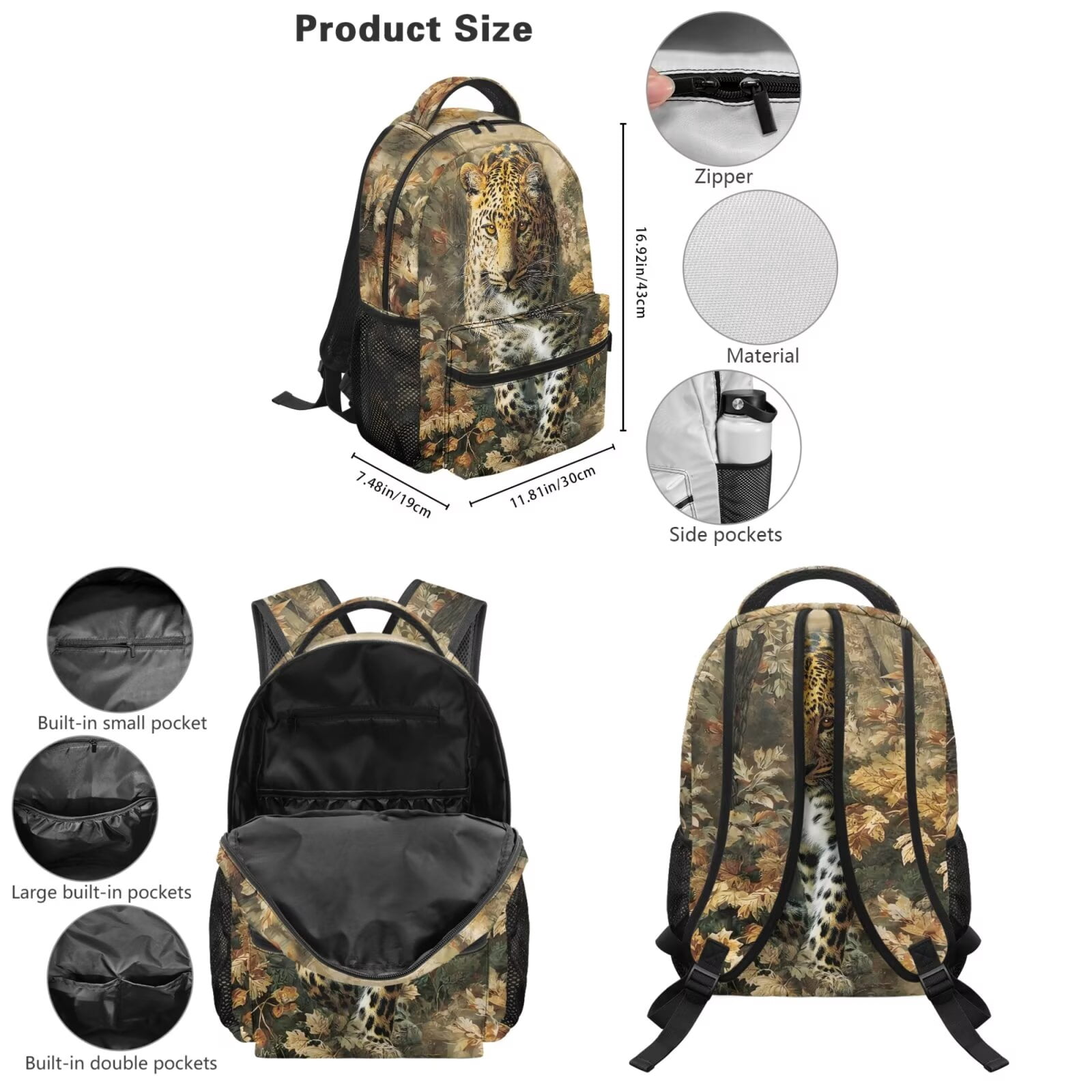 Pzuqiu Cute Leopard Print Kids Backpack and Lunch Box Set 5 Piece Large Lightweight School Bag Set with Pencil Case Water Bottle Bag for Elementary Boys Girls Daily School Use