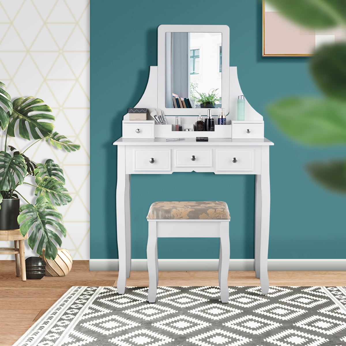 Gymax Vanity Set Makeup Dressing Table & Stool w/5 Drawers White
