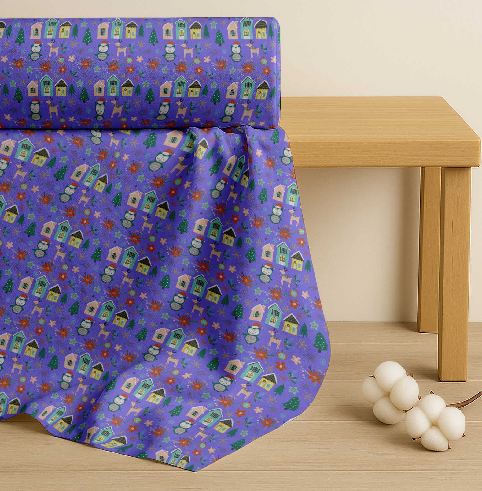 Soimoi Purple Cotton Voile Fabric Owl & Tree Christmas Print Fabric by the Yard 56 Inch Wide