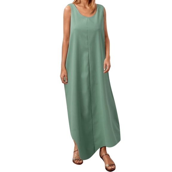 JIAYUE Women's Dress Ankle-Length Casual Round Neck Summer Sleeveless Adjustable Straps Buttons Long With Pocket Stylish Female Dresses
