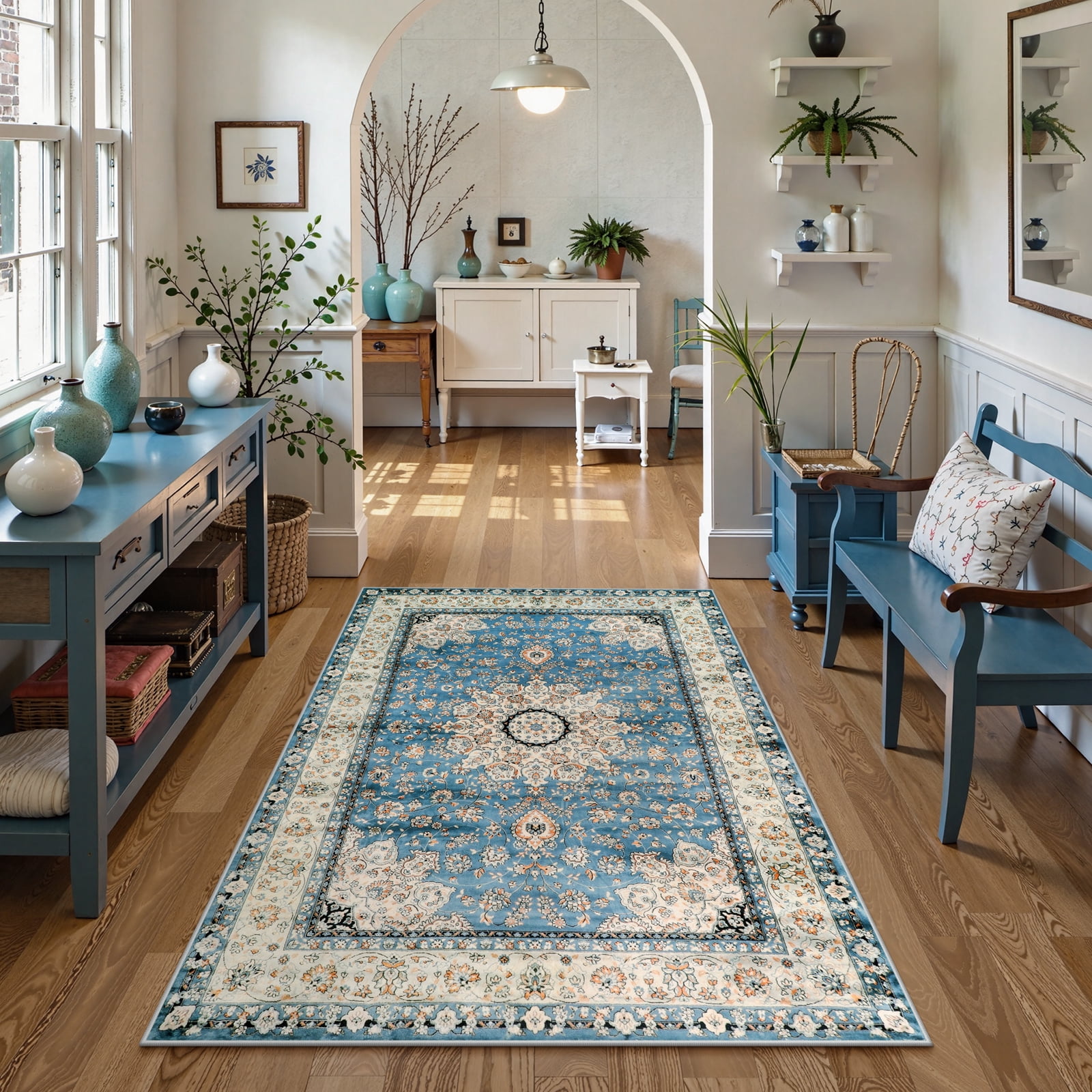 Lahome Decor 4'x6' Oriental Floral Medallion Area Rug for Living Room,Non Slip Machine Washable Vintage Indoor Rug,Vintage Printed Rug,Low Pile Lightweight for Bedroom Office