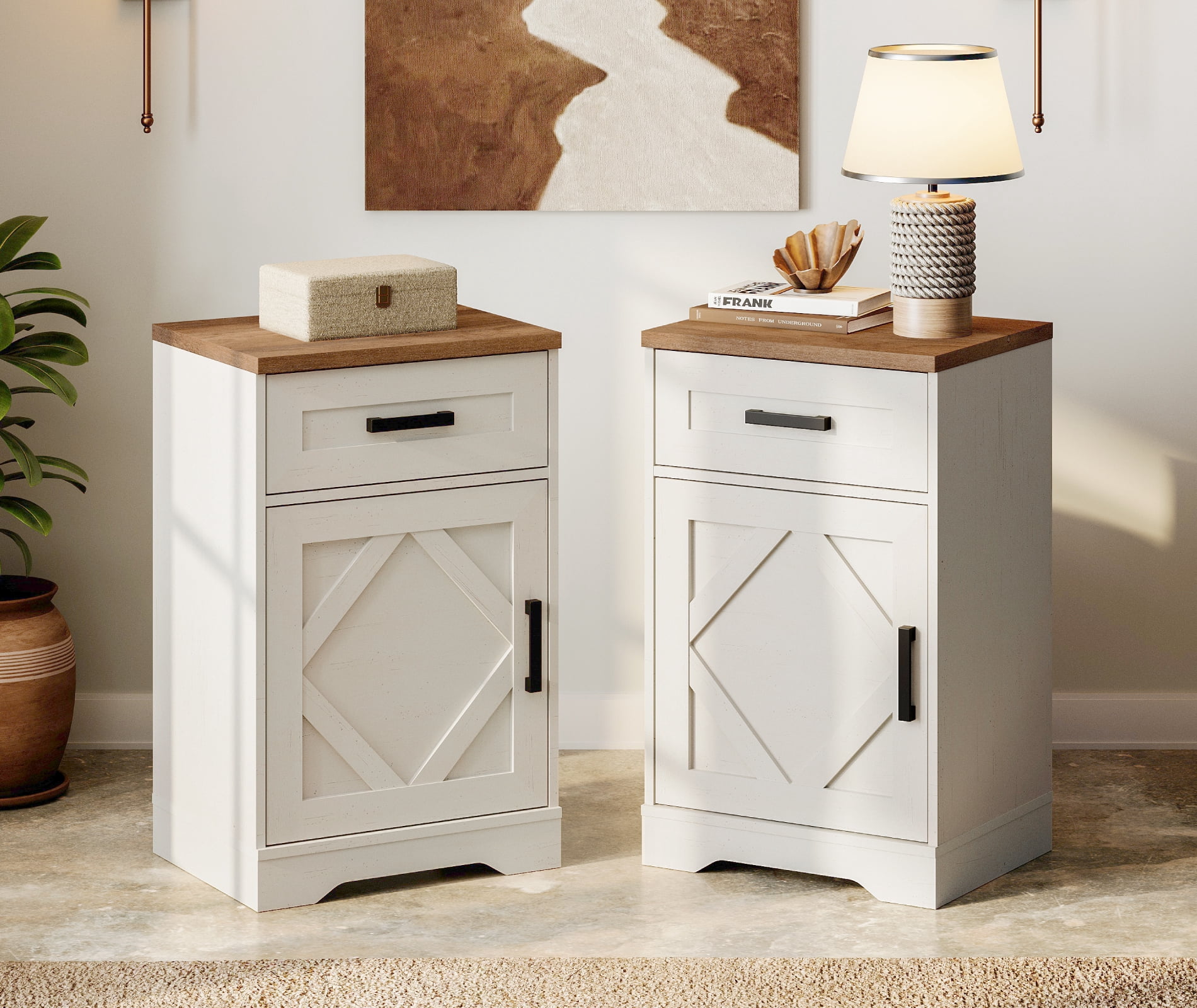 WAMPAT 31.9 inch Tall Nightstands Set of 2 for Bedroom, Farmhouse End Table with Drawer and Barn Door, Wood Bed Side Table with Adjustable Storage Shelf,Cream White