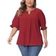 thumbnail image 1 of Blusa de chiffon para mujer Agnes Orinda, talla grande, con escote en V, mangas cortas abullonadas, casual, color burdeos, 2X, 1 of 6
