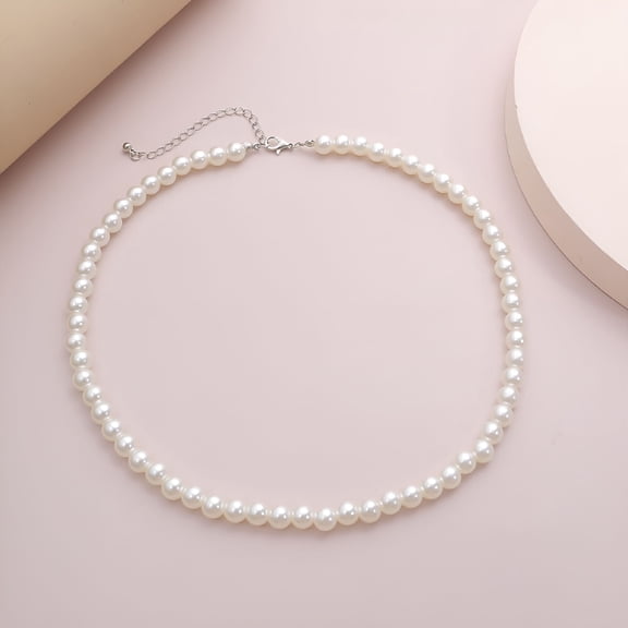 DESIGNICE Imitation Pearl Necklace Simple All-Match Neck Chain Elegant Beads Choker Single Layer Jewelry for Women White