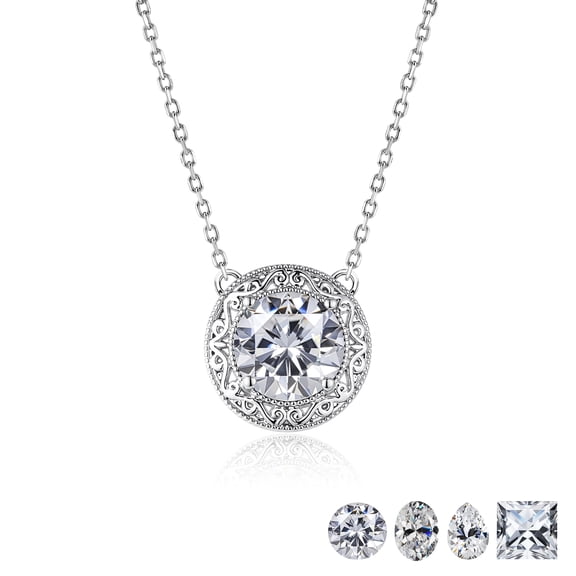 JeenMata 2 Carat Round Halo Moissanite Pendant Necklace - Vintage Inspired Pendant in 18K White Gold Plating for Women