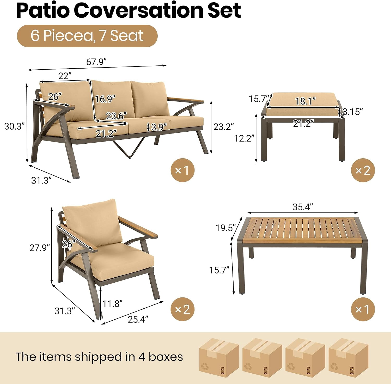 6-Piece Outdoor Patio Seating Set with Ottomans, Steel Frame Sofa & Acacia Wood Coffee Table, Brown Cushions