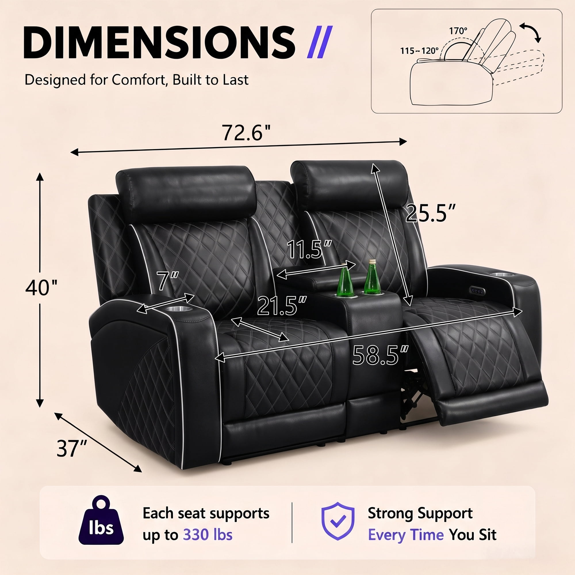 Aukfa Power Recliner Loveseat RV Sofa with USB, Cup Holders & LED Lighting, Storage Console, Home Theater Seating for Living Room, PU Leather, Black