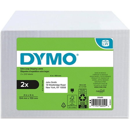 DYMO Authentic LW Extra-Large Shipping Labels for LabelWriter Label Printers, White, 4" x 6", 2 Rolls of 220 (440 Total)