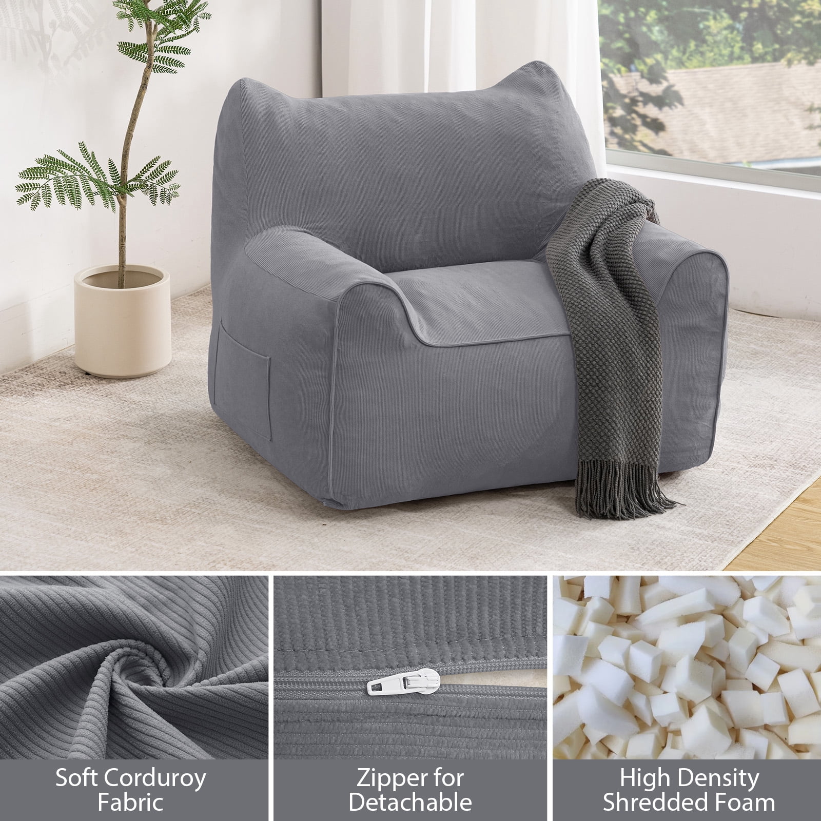 Lusimo Bean Bag Chair for Adults Teens, 3FT Lazy Memory Foam Bean Bag Sofa for Bedrooms, Cat-Ear Design Couch with Corduroy Washable Cover, Lounge Chairs with Pocket for Gaming, Reading, Gray