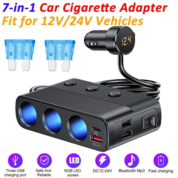 Ryhampaper 7-in-1 3 Way Car Cigarette Lighter Socket Splitter USB Fast Charger Power Adapter 12V 24V Black