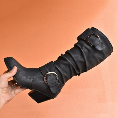 

Women s Round Toe Slouch Buckles Square Heel Middle Tube Boot Casual Booties