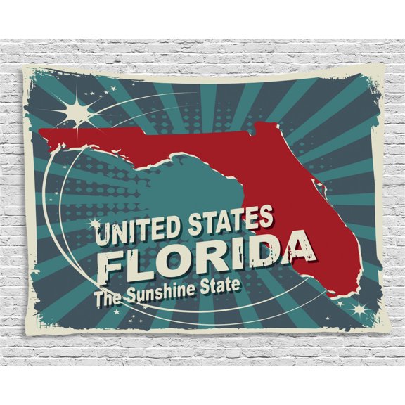 Florida Tapestry, Retro Style Sunburst Worn Out Backdrop with the City Map of Florida United States, Wall Hanging for Bedroom Living Room Dorm Decor, 80W X 60L Inches, Multicolor, by Ambesonne