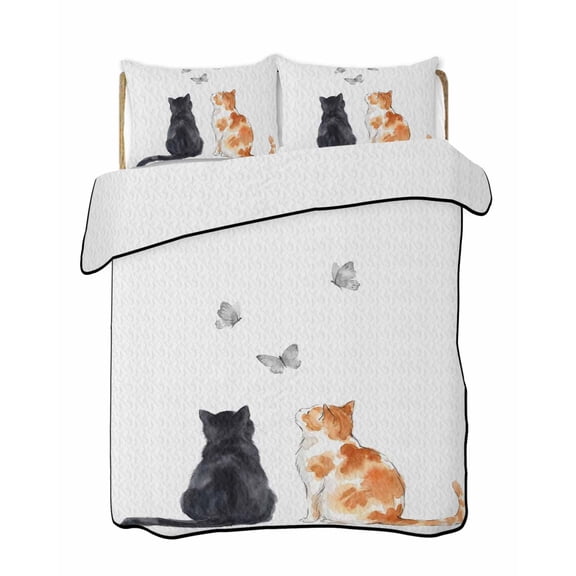Twin Quilt Bedding Set, Funny Cat Reversible Summer Quilt 3 Pieces, Simple Orange Black Cats Grey Butterfly Lightweight Bedspreads Coverlets with 2 Pillow Shams for All Seasons