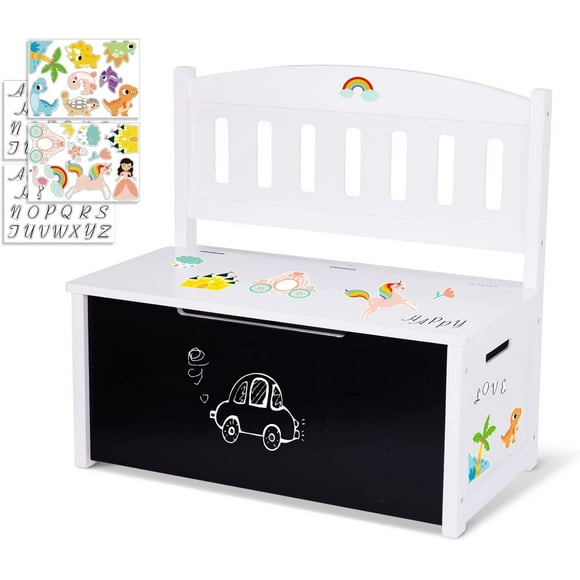 TOOKYLAND Coffre de Rangement pour Jouets en Bois - Coffre à Dessus Relevable et Banc d'Assise avec Couvercle, Charnière de Sécurité, Tableau Noir et Autocollants, Organisateur de Jouets pour Enfants de 3 Ans et +