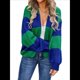 thumbnail image 2 of Suéteres Tipo Cárdigan Corto de Larga para Mujer, Otoño 2025, con Bloques de Color, Frente Abierto, Prendas de Punto Sueltas e Informales. Azul XL, 2 of 10