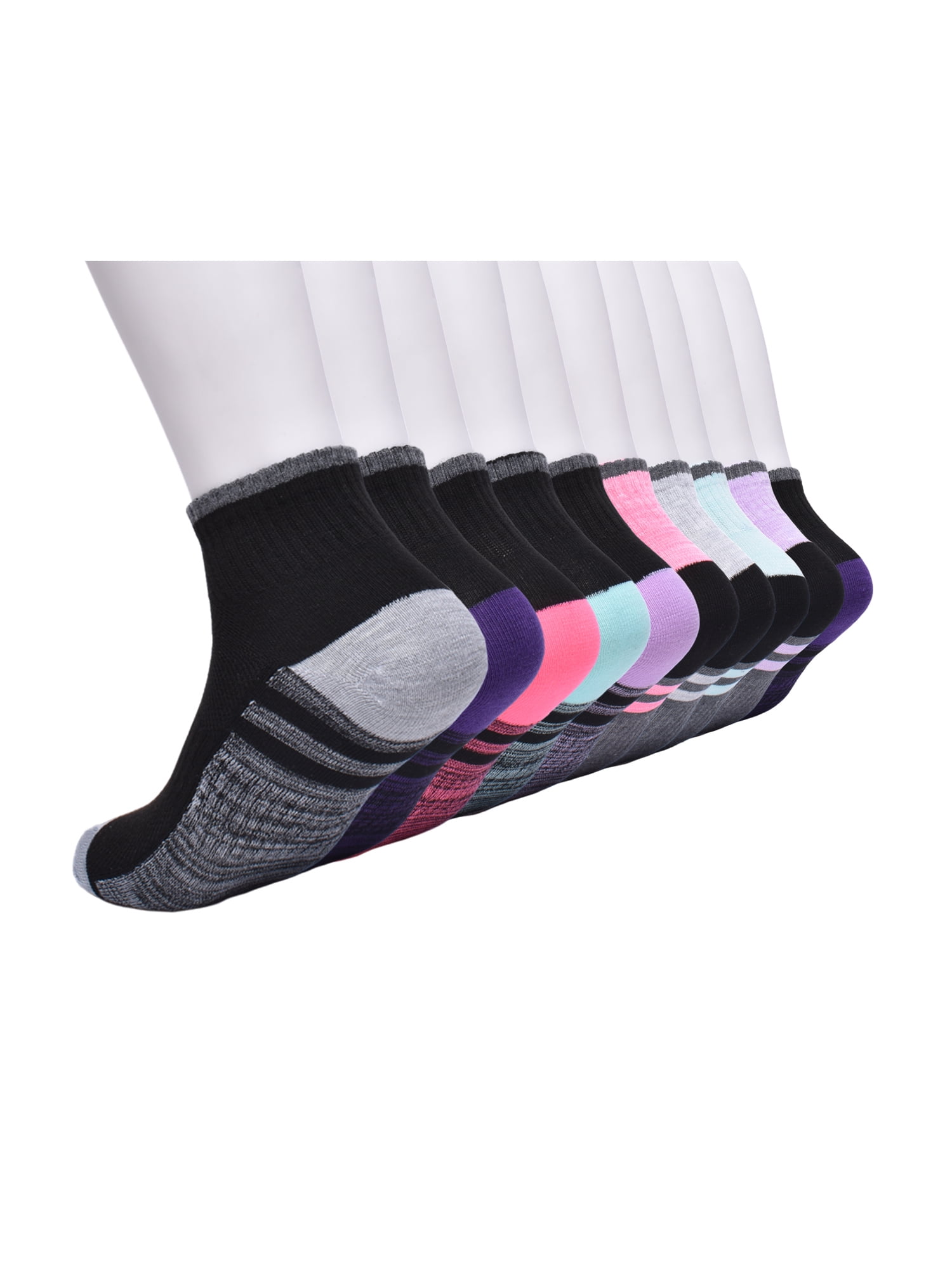 Athletic Works Girls Cushioned Ankle Socks, 10-Pack, Sizes S (6-10.5) - L (4-10)