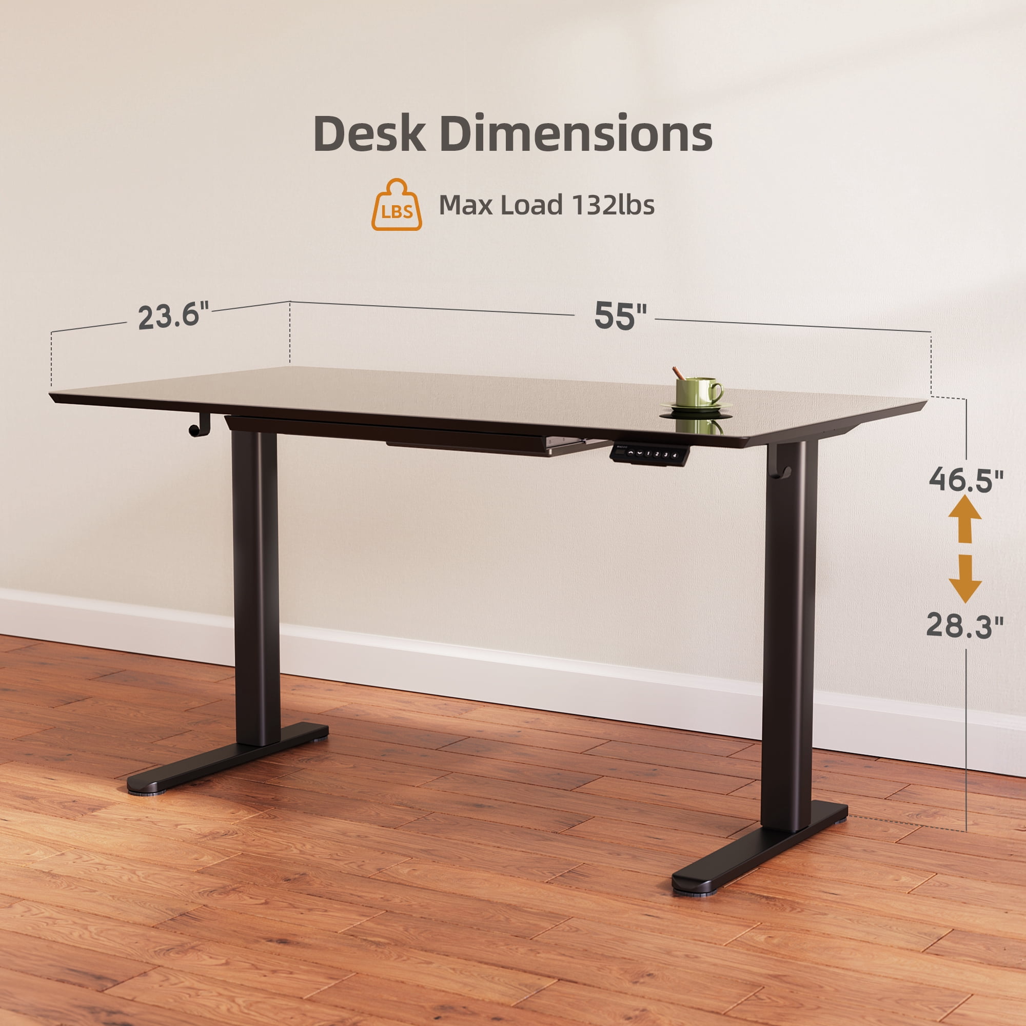 INNOVAR Glass Standing Desk with Drawers, 55×24 inch Glass Top Stand up Adjustable Desk, Rising Sit to Stand Electric Work Computer for Home Office Desk, Black,Quick Install