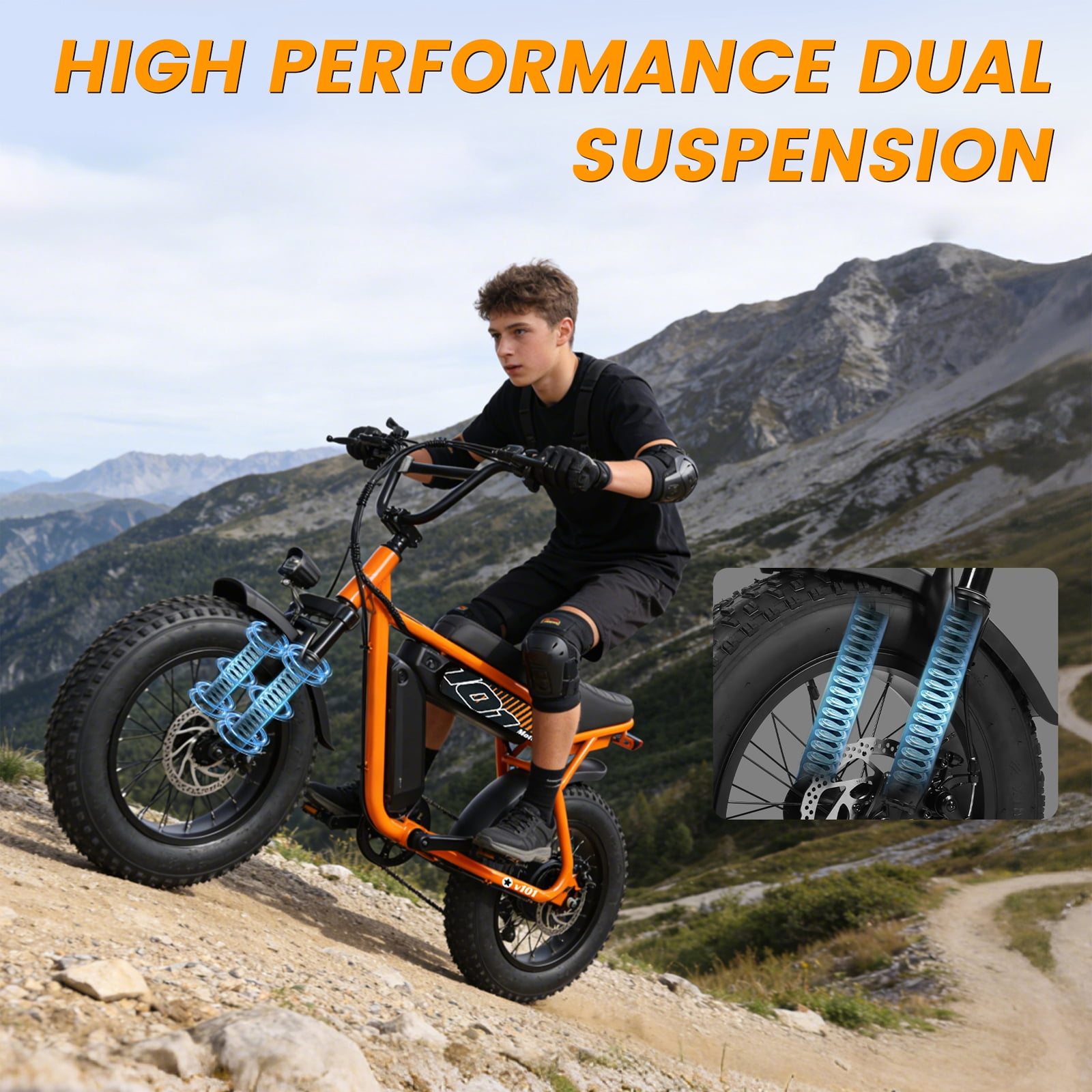 Adult & Teen Electric Bike – 750W Peak (1500W Max) Motor, 28 MPH, 48V 13Ah Battery, 16"x4.0" Fat Tires, 7-Speed, Front Suspension All-Terrain E-Bike, Orange with Phone Bag & Lock