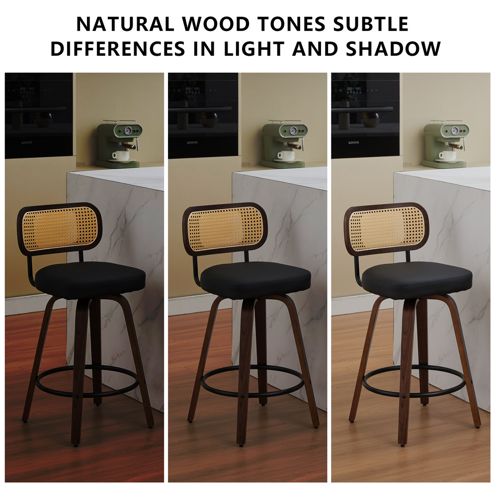 thumbnail image 4 of Bocarali 26 in. Swivel Counter Height Bar Stools Set of 3, Faux Leather Upholstered Bar Chairs with Rattan Back, Mid-Century Modern Counter Stools with Walnut Bentwood Leg for Kitchen Island, Black, 4 of 4