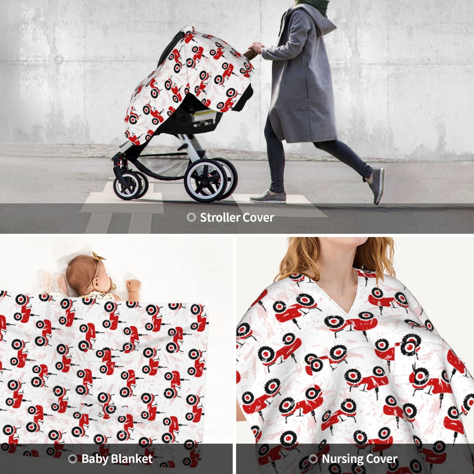 Car Seat Cover Baby - Red Wheeled Tractors Breathable Infant Car Seat Cover for Baby Carseat, Lightweight Comfort Baby Essentials Must Haves Newborn Stuff for Girl Boy
