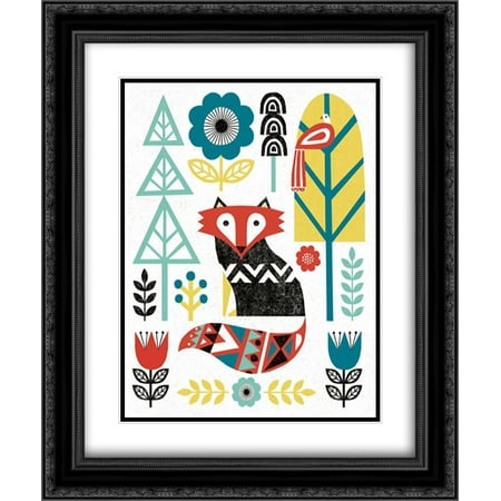 Fox V2 Print - Folk Lodge Fox V2 Teal 2x Matted 20x24 Black Ornate Framed Art Print by Mullan, Michael