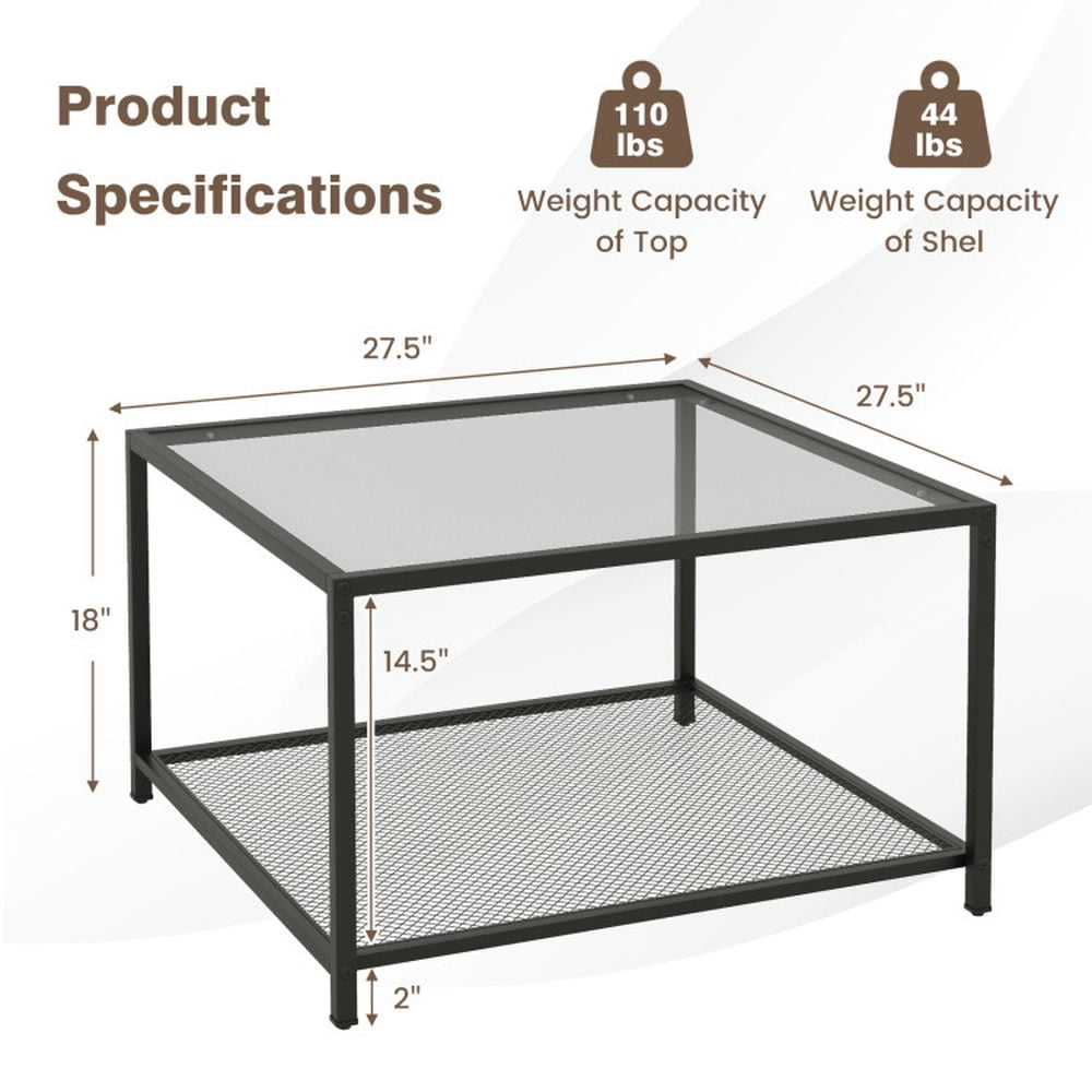 Finihen Coffee Table, Glass Coffee Table, Modern 2-Tier Square Glass Coffee Table with Mesh Shelf, for Living Room, Reception Room, Gray Finihen Coffee Table, Glass Coffee Table, Modern 2-Tier Square Glass Coffee Table with Mesh Shelf, for Living Room, Reception Room, Gray