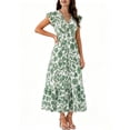 thumbnail image 3 of VBVC Women's Floral V-Neck Ruffle Sleeve Maxi Dress,Ladies Smocked Waist Boho A-Line Long Dress,Summer Flowy Tiered Beach Party Midi Dress For Women,Army Green,S-3XL, 3 of 7