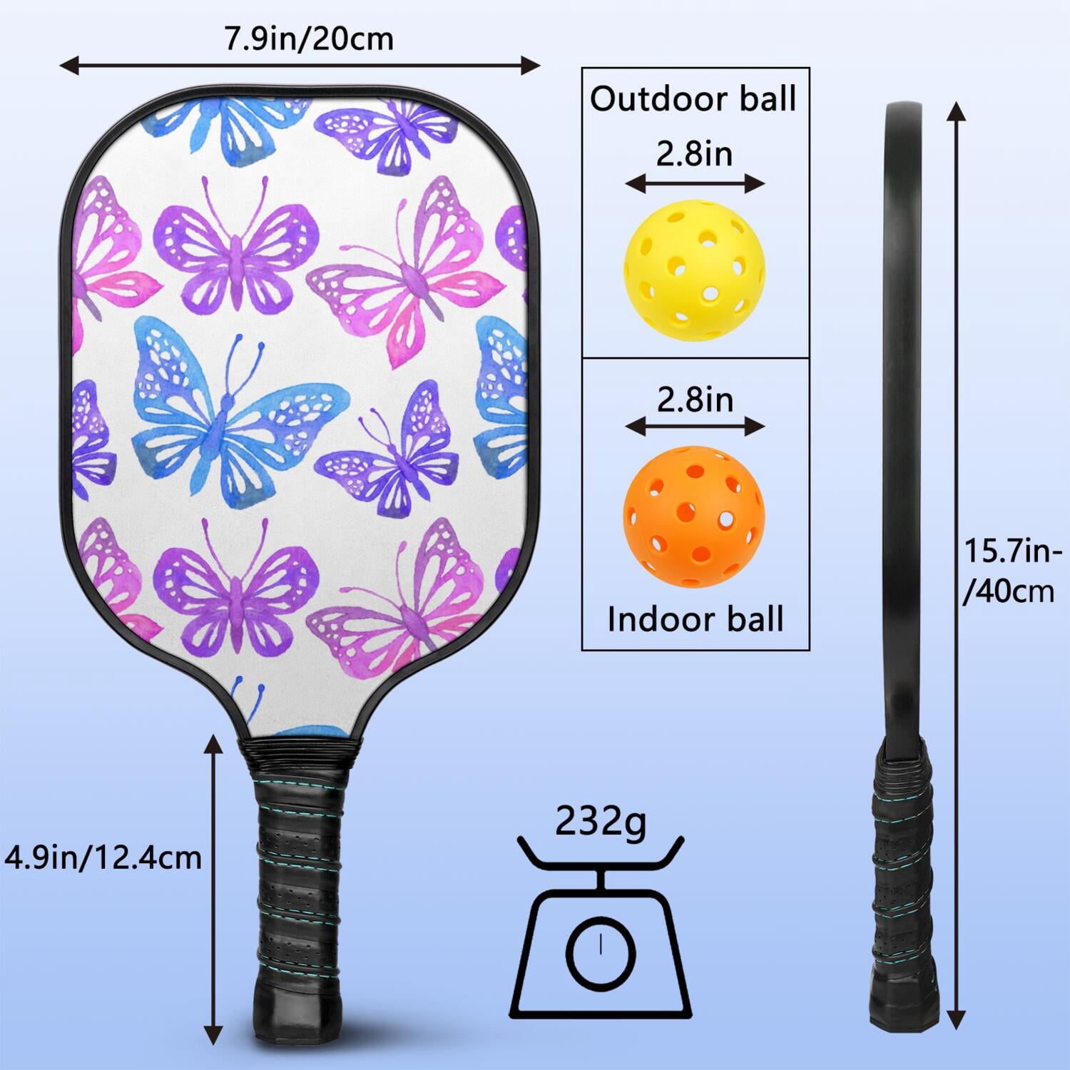 Pickleball Paddles Set Of 1, Fiberglass Surface, Boho Butterfly Decor, 1 Paddle, 2 Balls & Bag