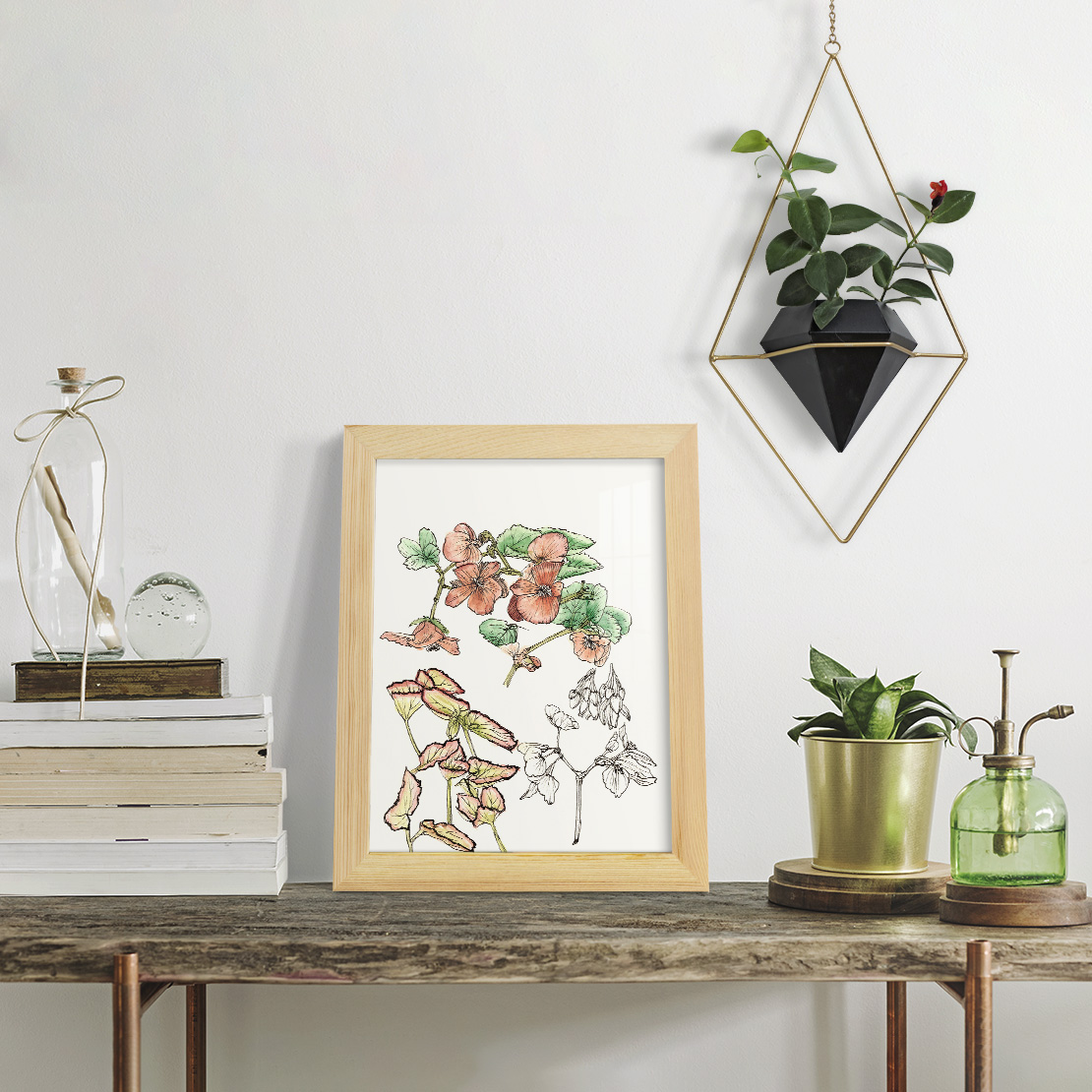 Begonia Study -Framed Print w/glass-Natural Wood