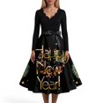 thumbnail image 6 of Women's Casual Dress Long Sleeve V-Neck New Year Printed Vintage Loose Fit Midi Dress for Spring Fall Holiday,Black,L, 6 of 6