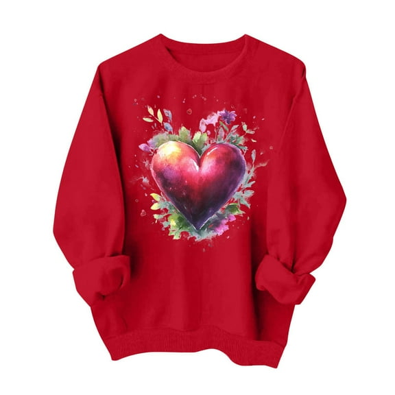ibuvkizy Cute Heart Sweatshirt for Women Valentines Day Round Neck Fall Winter Valentines Day Cute Printed Sweatshirts Long Sleeved Top Red,XS