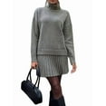 thumbnail image 3 of Female Sweater Skirt Sets 2 Piece Outfits Ribbed Knit Mock Neck Sweater Pullovers A Line Mini Skirt Set Gray XL, 3 of 9