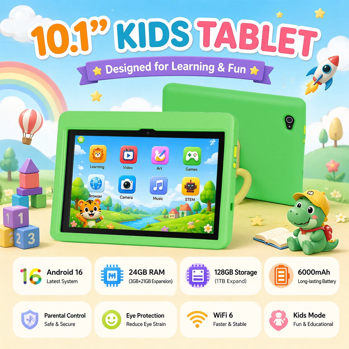 BESTSKI 10 inch Kids Tablet for 3-12 Year Olds — Eye Protection HD Screen, 24GB RAM, 128GB ROM, Parental Control