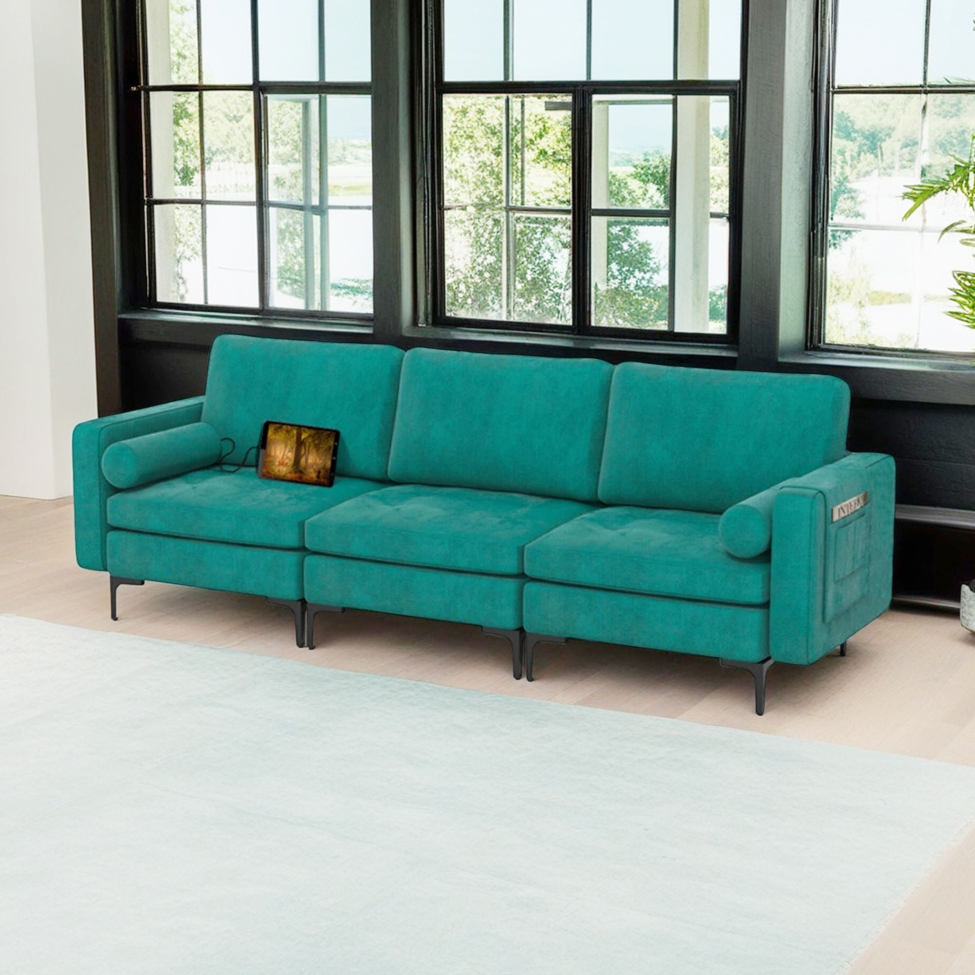 Demi Bonn 97" Modular 3-Seat Sofa Couch with Socket USB Ports and Side Storage Pocket for Living Room, Bedroom, Teal