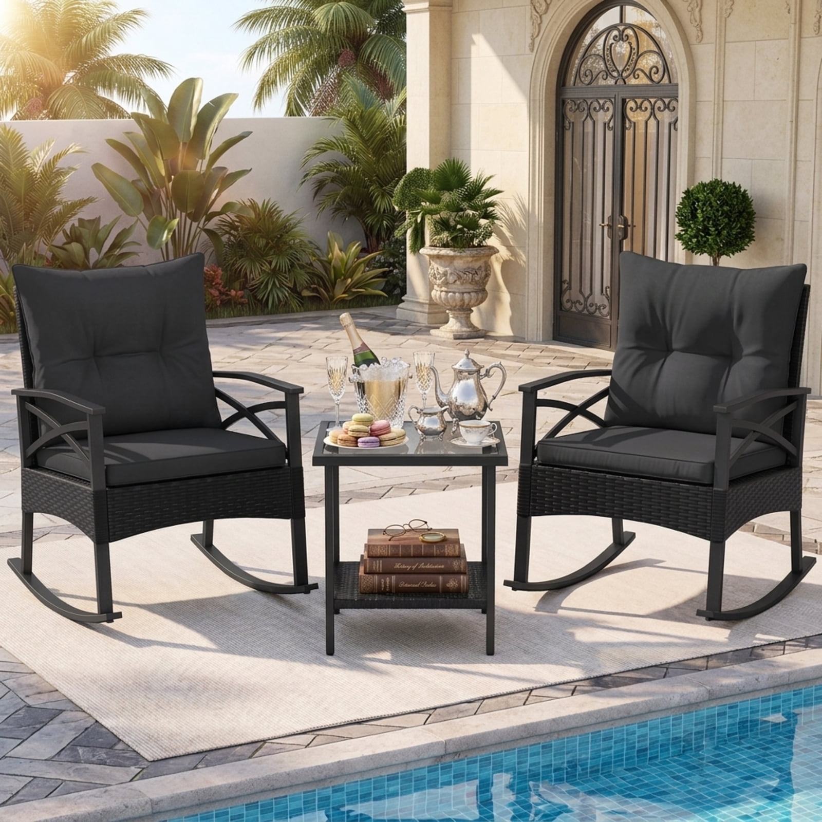 Furnibear Outdoor Rocking Chair for Lawn Patio Backyard Outdoor Metal 100 lbs Capacity Black Weather-Resistant Outdoor Furniture