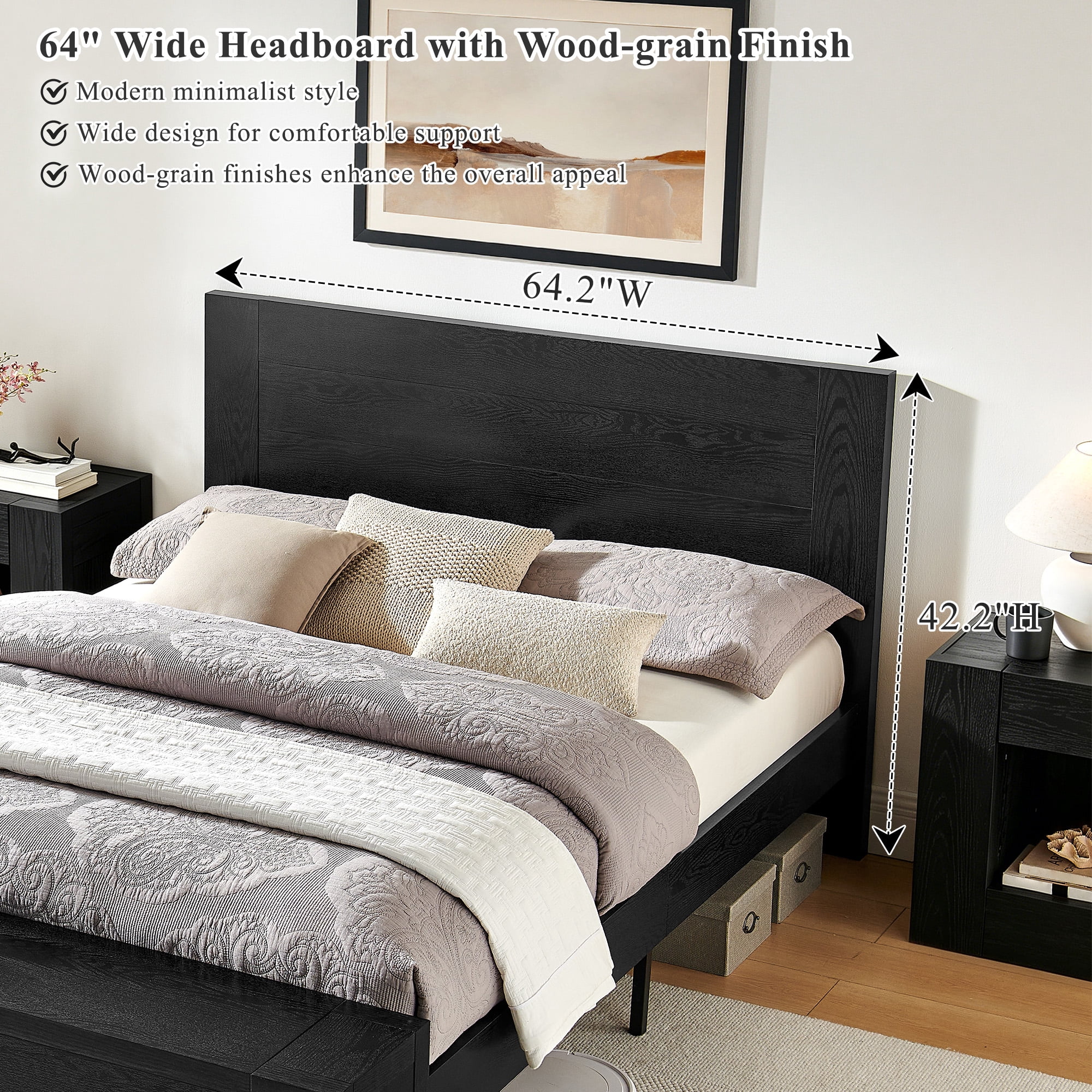 KeyWhat Modern Queen Size Storage Bed Frame with Panel Headboard, Footboard Storage Bench, Built-In Drawers, Lift-Up Compartments, No Box Spring Needed, Black Oak