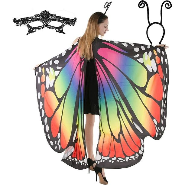 Butterfly Wing Cape Shawl with Lace Mask and Black Velvet Antenna ...
