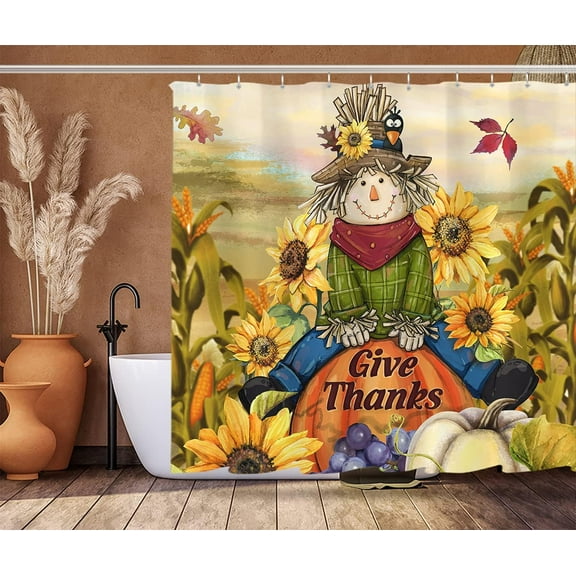 Autumn Harvest Scarecrow Shower Curtain Sets, Fall Rustic Thanksgiving Pumpkin Sunflowers Bathroom Decoration 70x70 Inch with 12 Hooks