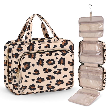 Toiletry Bag for Women Hanging Hook,AILKIN Compact and Foldable Portable Cosmetic Bags Toiletry Kit Set Makeup Bag Travel Accessories with 4 Compartment Toiletry Bag for Traveling,Leopard