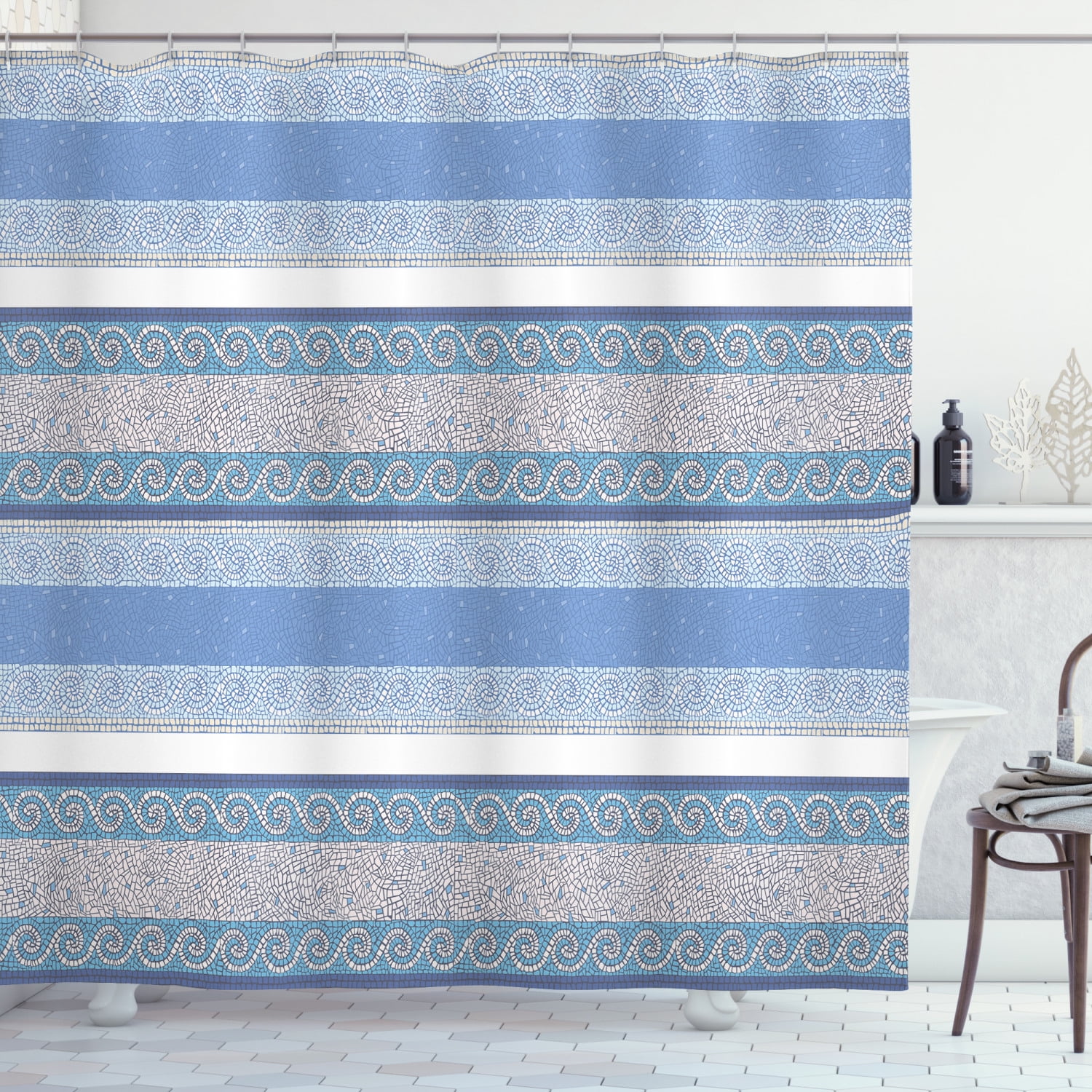 Toga Party Shower Curtain, Mosaic Inspired Borders in Antique Style