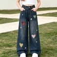 thumbnail image 6 of Spazoro Girls Denim Pants with Pockets, Elastic Waist Button Closure Loose Fit Wide Leg . Heart Plaid Print Casual Wide Leg Trousers Blue Size 5-6, 6 of 9