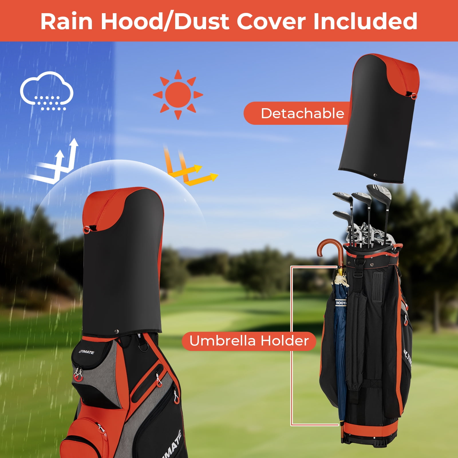 Topbuy Golf Cart Bag Top Golf Clubs Organizer with 7 Zippered Pockets Including Waterproof Valuable Pockets Rain Hood and Shoulder Strap Black + Red