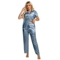 thumbnail image 5 of DAKIMOE Silk Satin Pajamas Set for Women Two-Piece Sleepwear Short Sleeve Pjs Soft Button Down Shirt and Wide Leg Long Pants with Pockets, 5 of 7