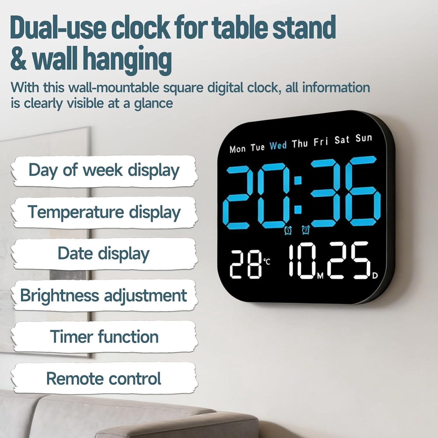 Hangable Standalone Square Clock - Large Digital Wall Clock with Remote, Auto-Dimming LED Display, Indoor Temperature Humidity Date Monitor, Modern Living Room Gadget, Office & Bedroom Decor