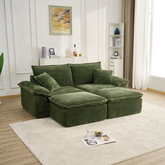 Leumius 81" Convertible Sectional Sofa, Oversized Corduroy Cloud Couch with 2 Movable Ottoman, Comfy Boneless Couch Bed for Living Room Apartment Office, No Assembly,Green