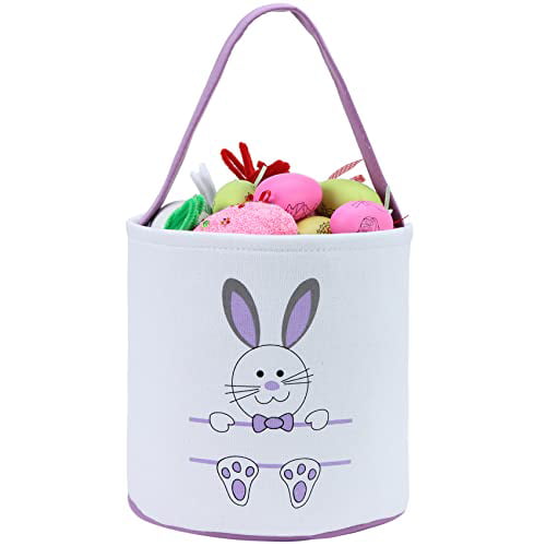 Easter Bunny Basket Egg Bags for Kids,Canvas Cotton Personalized Candy Egg Basket Rabbit  Print Buckets with Fluffy Tail Gifts Bags for Easter 