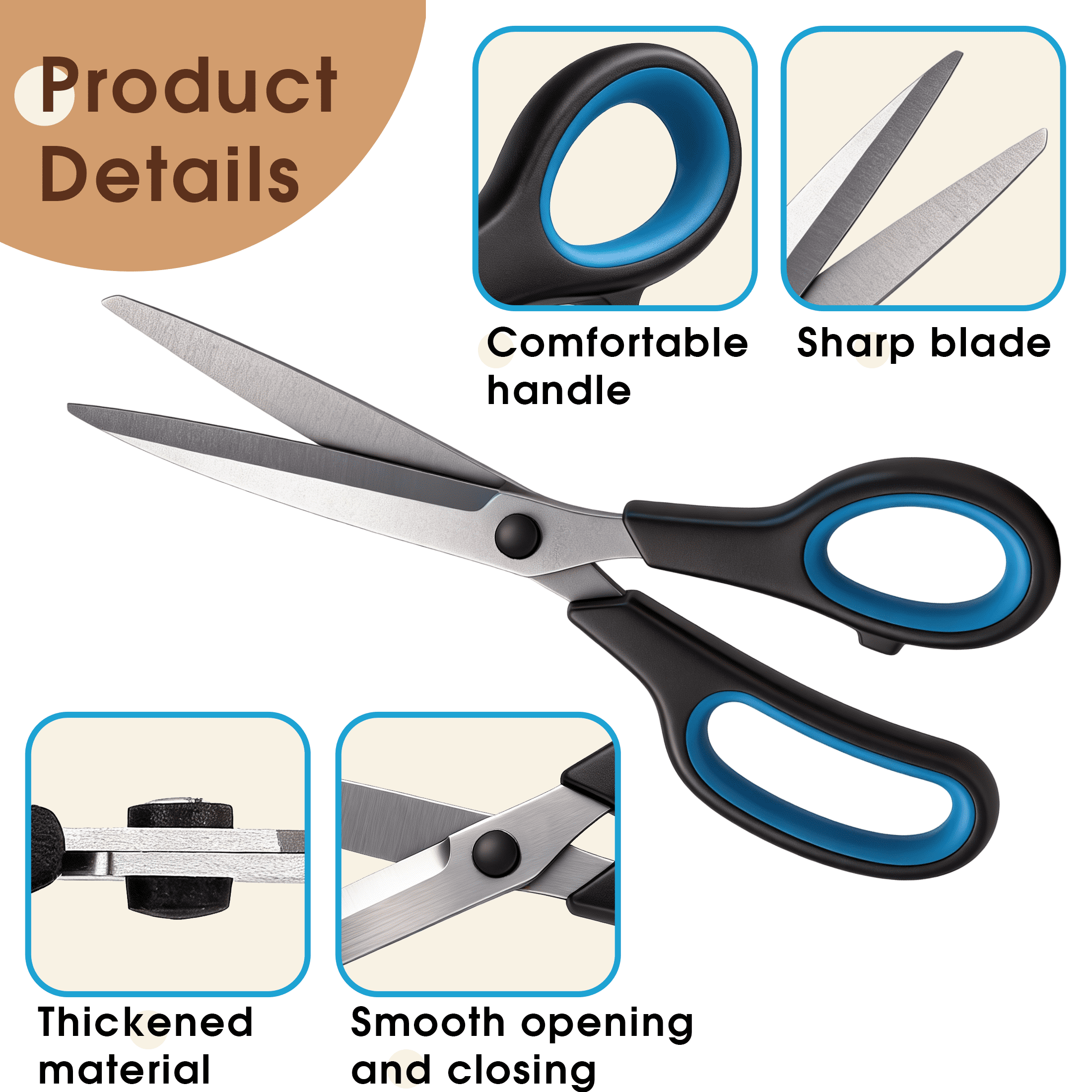 3 Pack Scissors Set, Heavy Duty Stainless Scissors for Daily Use, Sewing Supplies Scissors with Sharp Blades and Comfort Grip Handles, Suitable for School, Office and Family Daily Use